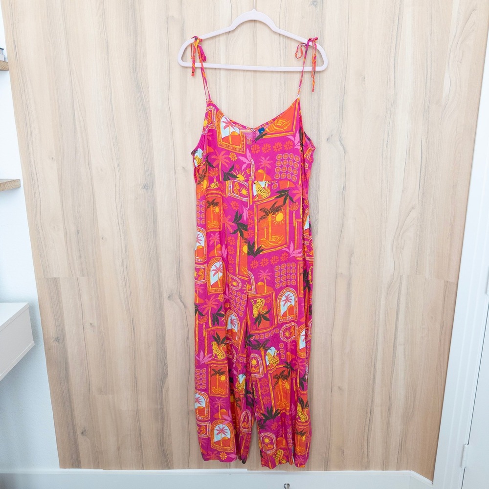 Old Navy Women Wide Leg Jumpsuit XL Pink Tropical Cheetah Resort Maximalist Boho